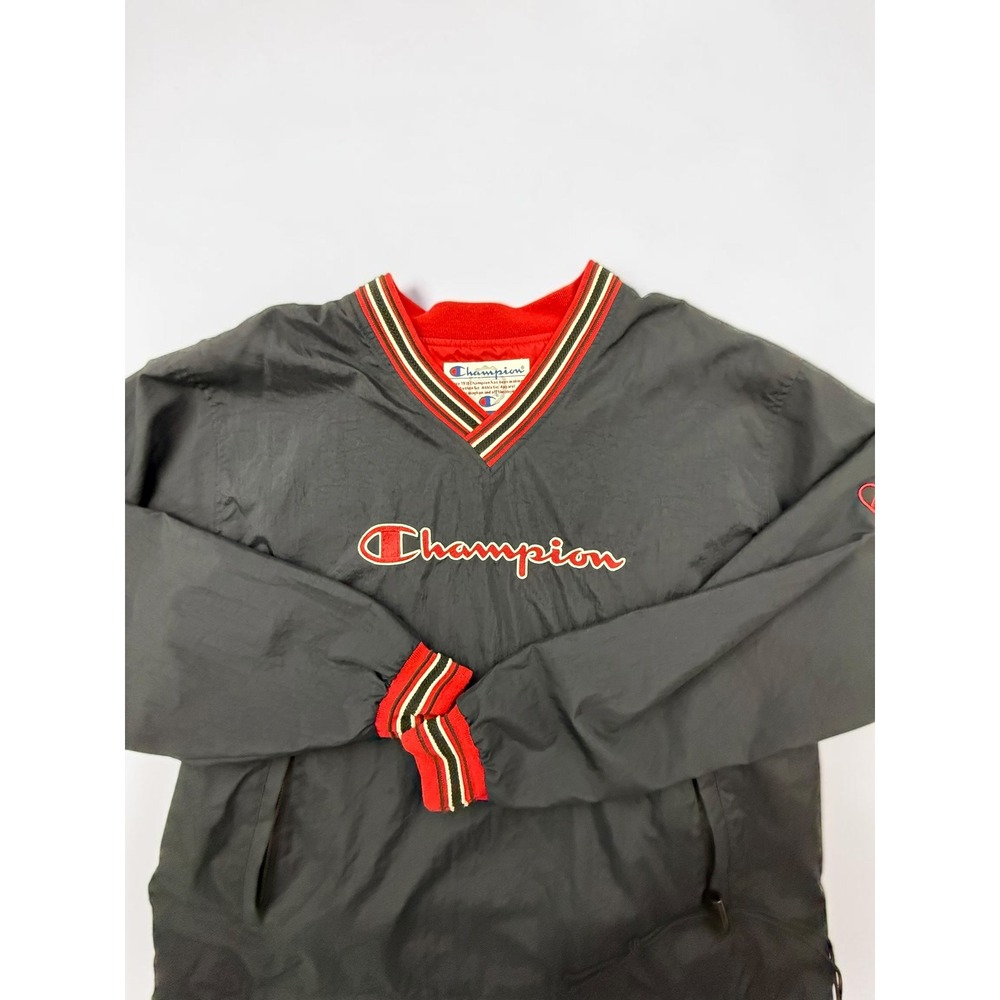Champion V-Neck Windbreaker Pullover Jacket Black‎ Red Striped Trim Mens Large